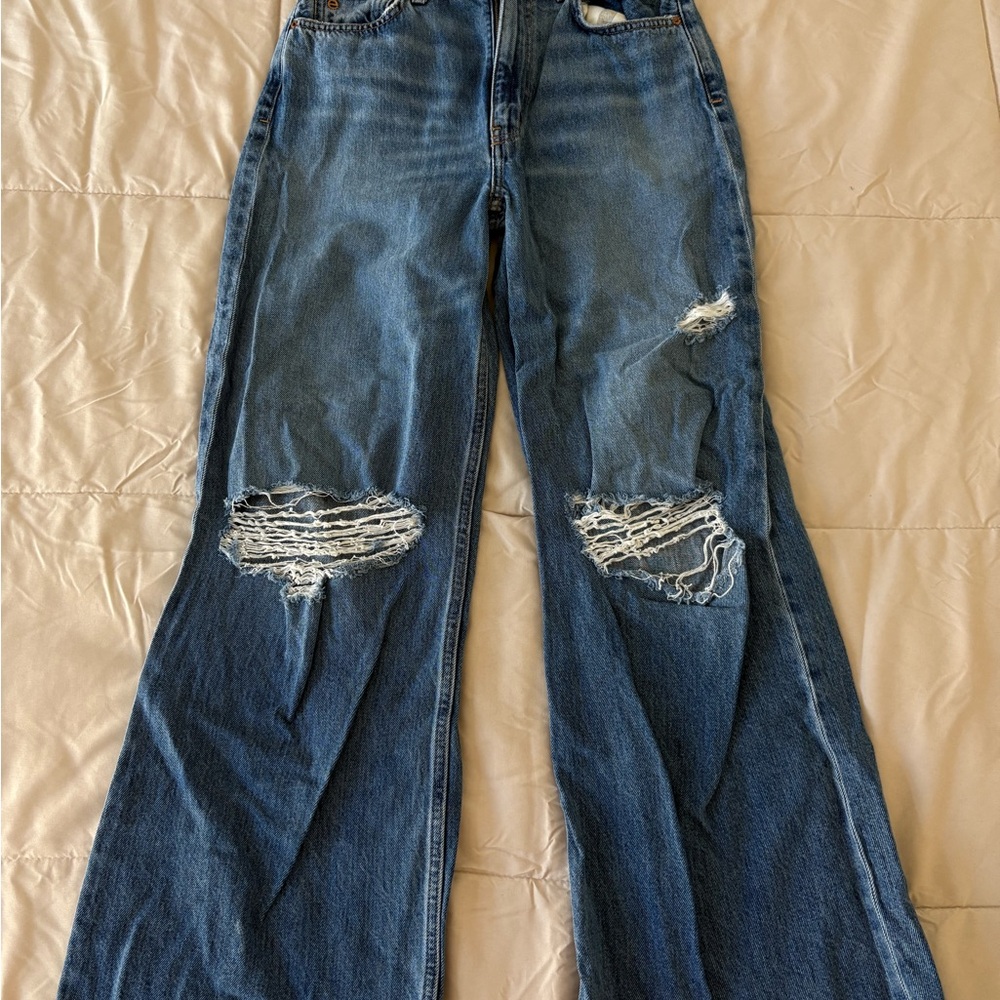 Etica Distressed Blue Wide-Leg Jeans